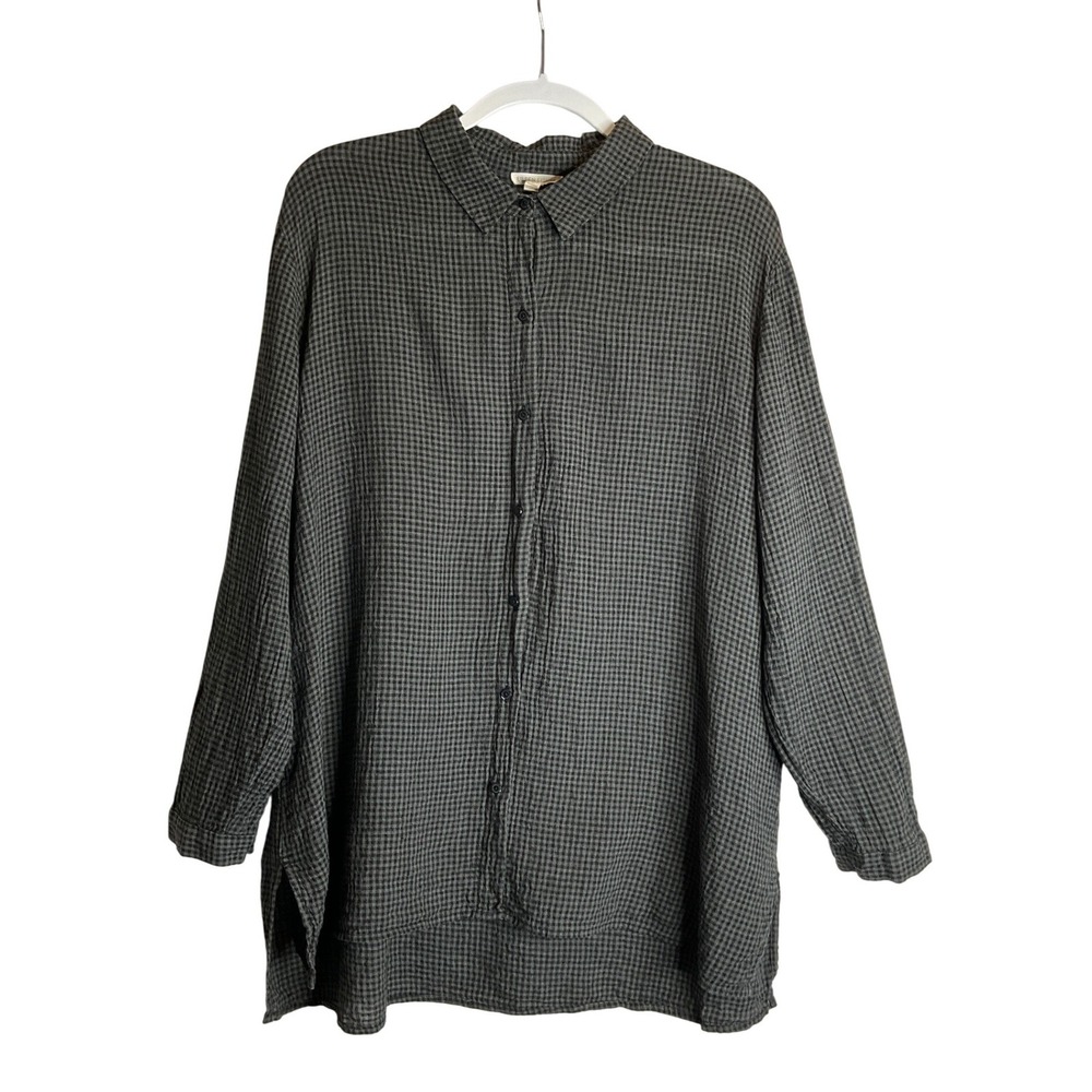 Eileen Fisher Tunic 100% Organic Linen Button Up Gingham Quiet Luxury Lagenlook
